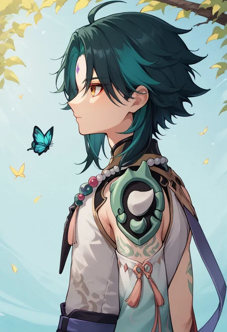 score_9, score_8_up, score_7_up, source_anime, highly detailed,
xiao, 1boy, male focus, solo, green hair, black hair, two-tone hair, ahoge, yellow eyes, facial mark, forehead mark, bangs, shirt, white shirt, sleeveless, single detached sleeve, shoulder armor, shoulder spiked, spiked, tattoo, arm tattoo, jewelry, beads, necklace, bead necklace, tassel, gloves, black gloves, upper body,
outdoor, profile, oriental, butterfly,