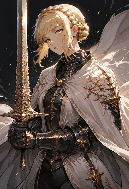 masterpiece, best quality, very aesthetic, detailed face, (dynamic:1), highres, detailed, 1girl, KnightLeda, blonde hair, bangs, crown braid, hair floating on wind, yellow eyes, looking at viewer, needle knight armor, armor, white cape, gloves, gauntlets, black pants, holding sword, sword, leda sword, black background
<lora:Needle_Knight_Leda_-_Maly007_lora:1>