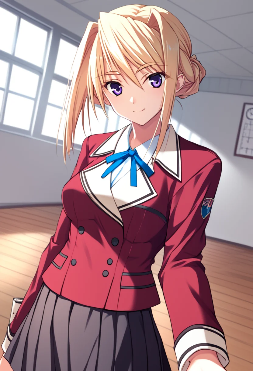 score_9, score_8_up, score_7_up, absurdres, best quality, ydsylvia, 1girl, solo, blonde hair, purple eyes, hair between eyes, bangs, tied hair, side bangs, otft3, school uniform, red blazer, black skirt, pleated skirt, blue ribbon
, indoors, wooden floor, light smile, looking at the viewer, dutch angle, wind, wind blow hair, upper body, dynamic angle, dynamic pose
<lora:Sylvia_van_Hossen_ponyXLC:1>