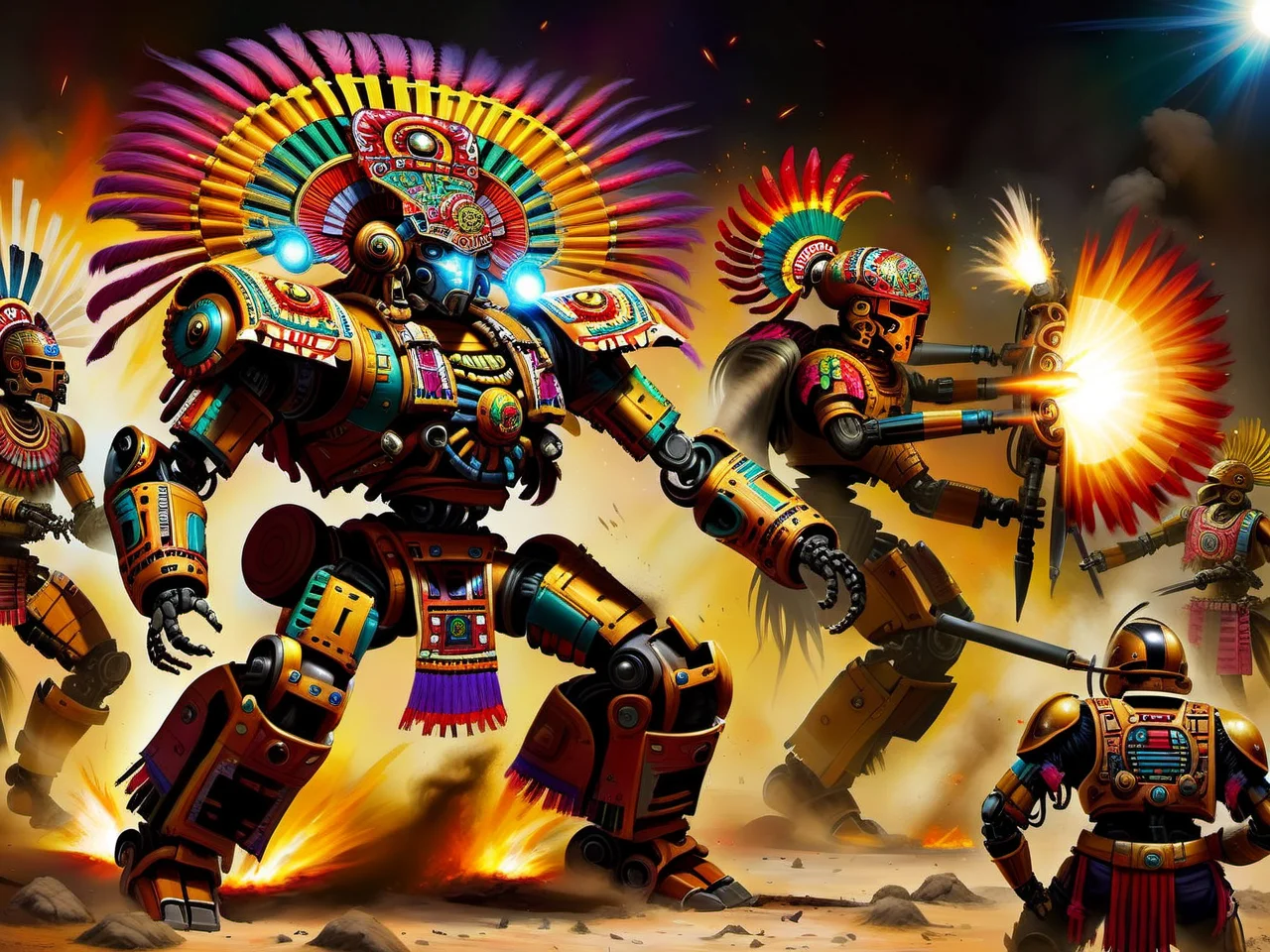 <lora:CulturePunkAI_1Pruned:.9> TotemPunkAI Maya battle mech Highly detailed, amazing, Impressive lighting, vibrant colors, Ultra Realistic, High quality, Highly detailed, trending on artstation
