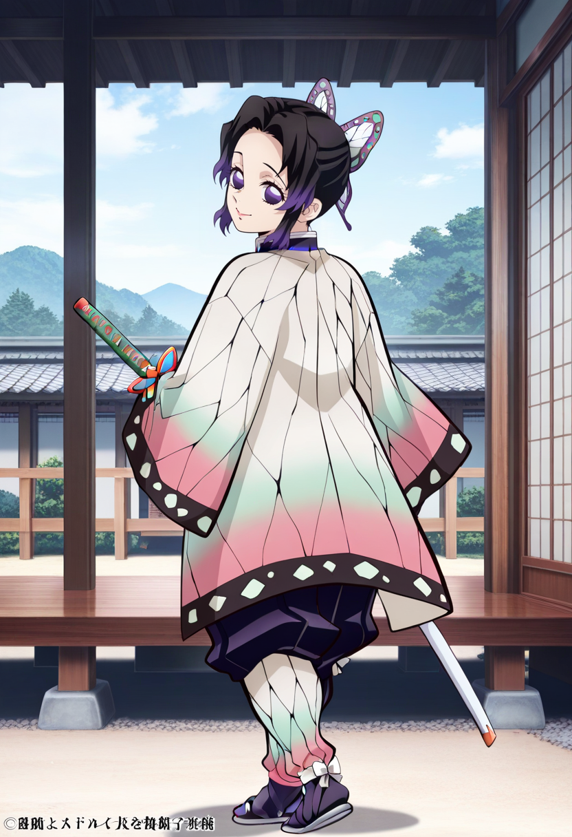 newest, masterpiece, best quality, 4k,
outdoors, very aesthetic, detailed background, full body,
1girls, solo,  <lora:Shinobu Kocho - Demon Slayer:1> shin0bu, kochou shinobu, black hair, purple hair, multicolored hair, gradient hair, purple eyes, butterfly hair ornament, demon slayer uniform, long sleeves,jacket,smile, weapon, katana, holding katana, from behind, looking back at viewer,