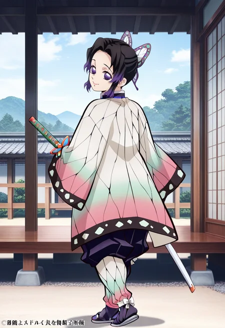 newest, masterpiece, best quality, 4k,
outdoors, very aesthetic, detailed background, full body,
1girls, solo, <lora:Shinobu Kocho - Demon Slayer:1> shin0bu, kochou shinobu, black hair, purple hair, multicolored hair, gradient hair, purple eyes, butterfly hair ornament, demon slayer uniform, long sleeves,jacket,smile, weapon, katana, holding katana, from behind, looking back at viewer,