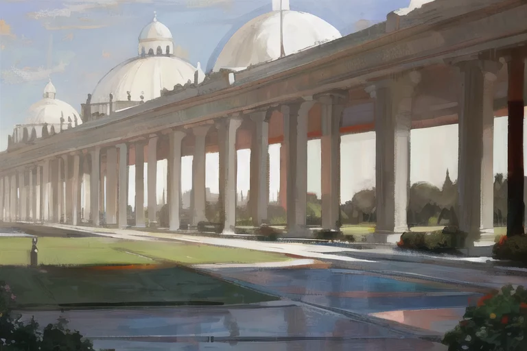 a painting of a large white building with a dome and pillars on the side of it and a walkway leading to a park