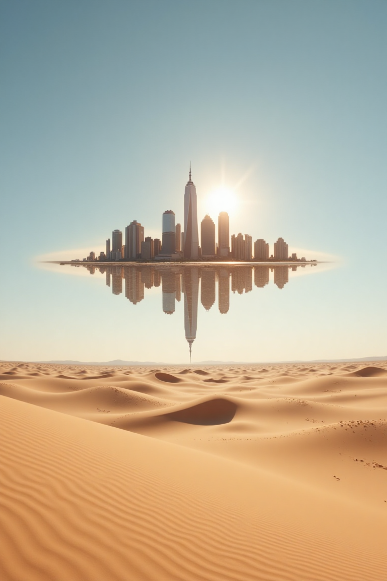 A desolate desert with a mirage floating about 10 meters above the ground, distorted by the heat rising from the sand. The mirage is a shimmering, wavy reflection of New York City's Manhattan skyline, appearing as if it is hovering in mid-air. The image flickers with heat distortion, creating an illusion of the city’s buildings shimmering and slightly wavering in the intense desert heat. The reflection feels surreal and otherworldly, floating above the barren desert landscape.