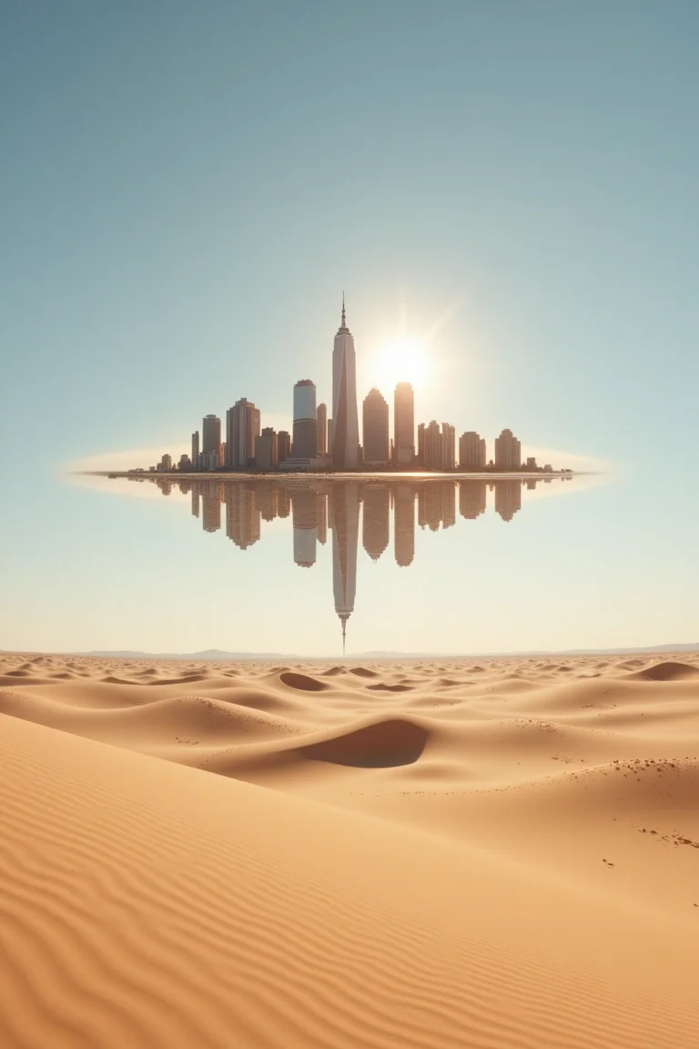 A desolate desert with a mirage floating about 10 meters above the ground, distorted by the heat rising from the sand. The mirage is a shimmering, wavy reflection of New York City's Manhattan skyline, appearing as if it is hovering in mid-air. The image flickers with heat distortion, creating an illusion of the city’s buildings shimmering and slightly wavering in the intense desert heat. The reflection feels surreal and otherworldly, floating above the barren desert landscape.