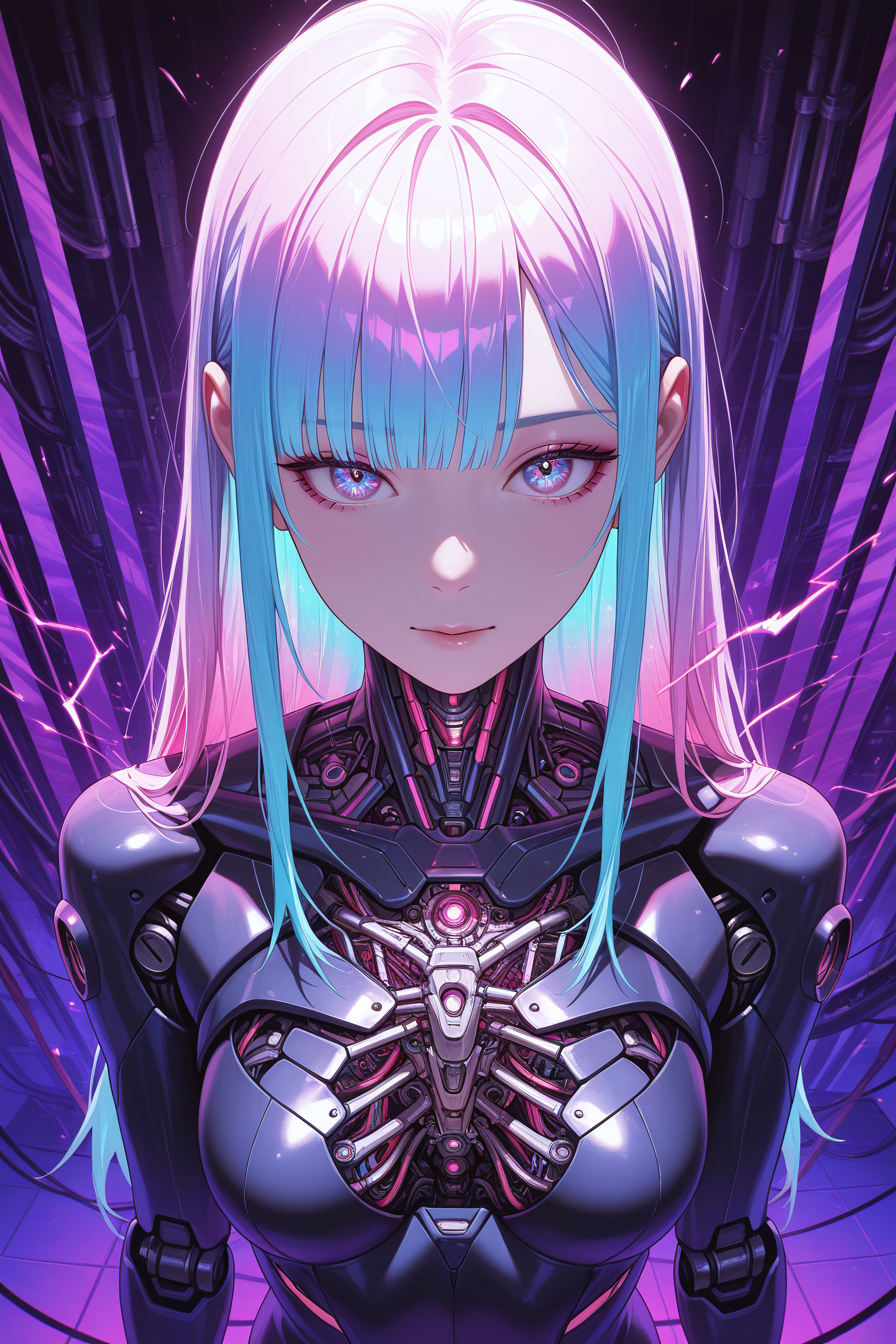 embedding:lazypos, science fiction, cyberpunk, neon color palette, synthwave aesthetic,

1girl, android, multicolor hair, long hair, intricate iris, neon glow, visible machine parts, dangling wires, exposed internals, circuits, sparks, arcing electricity, industrial background, from above