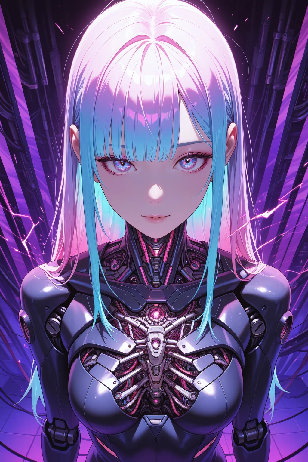 embedding:lazypos, science fiction, cyberpunk, neon color palette, synthwave aesthetic,
1girl, android, multicolor hair, long hair, intricate iris, neon glow, visible machine parts, dangling wires, exposed internals, circuits, sparks, arcing electricity, industrial background, from above