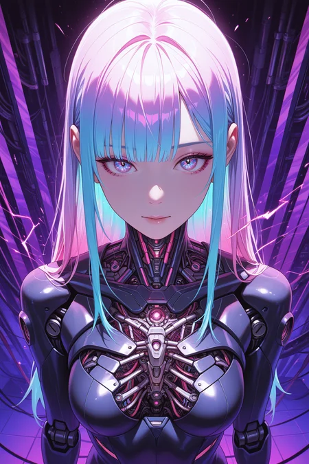 embedding:lazypos, science fiction, cyberpunk, neon color palette, synthwave aesthetic,
1girl, android, multicolor hair, long hair, intricate iris, neon glow, visible machine parts, dangling wires, exposed internals, circuits, sparks, arcing electricity, industrial background, from above