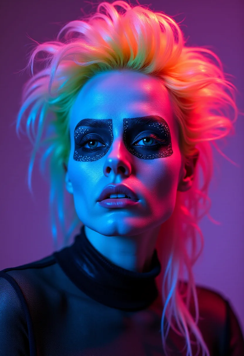 A portrait of a pale person with geometrical face paint and special neon hair. w3p0rtra1t. <lora:Weird_Portraits-000017:1>