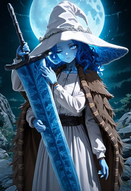 masterpiece, best quality, newest, absurdres, highres, anime, anime style, Dramatic light, Moonlight, moon 1girl, RnnDef, blue eyes, one eye closed, blue hair, wavy hair, (4 arms:1.2), extra faces, ghost face, blue skin, colored skin, cracked skin, doll joints, witch hat, large hat, white headwear, white dress, long sleeves, fur cloak, brown cloak, 
DarkMoonGreatSword-IL.V1.0, weapon, sword, holding weapon, holding sword, holding