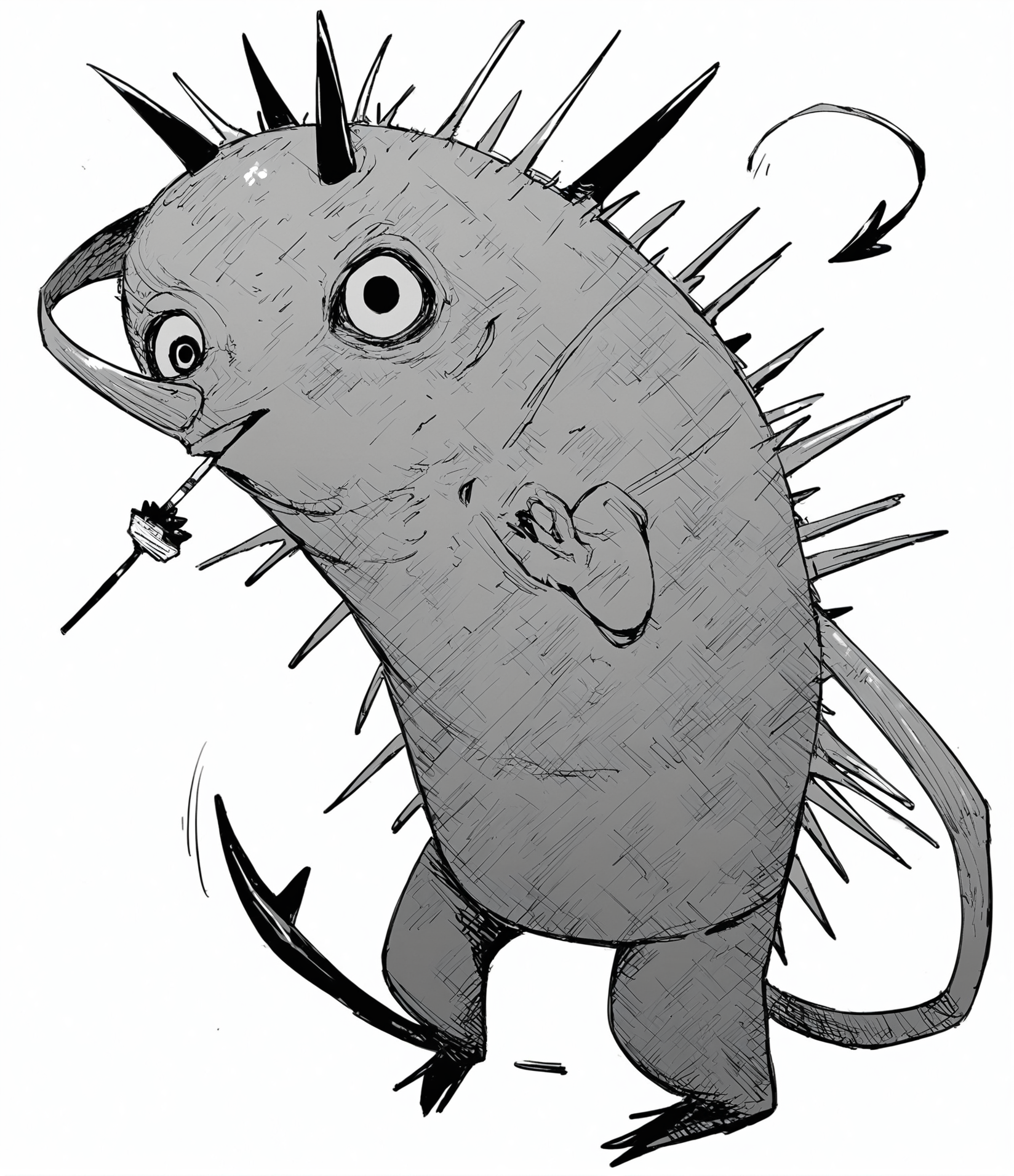 score_9, score_8_up, score_7_up, score_6_up, score_5_up, score_4_up, 2d, sketchy, manga, <lora:Fujimoto_chainsawman:1> fujichai, devil, solo,looking at viewer,open mouth,simple background,white background,standing,monochrome,full body,greyscale,food,arms up,no humans,:3,motion lines,waving,pocky,pochita (chainsaw man) BREAK source_anime