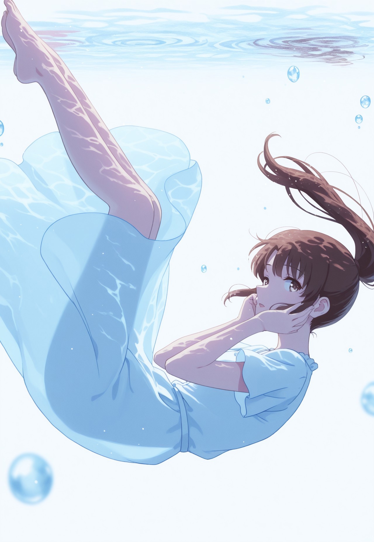 1girl,Megumi <lora:IL-KatoMegumi:0.8>,brown hair,katou megumi,brown eyes, long hair, ponytail, watercolor style, (soft blending:1.2), fluid colors, dreamy washes, delicate textures, organic shapes, atmospheric depth, bubble, limited color, water drop, blurry, air bubble, from 45 degrees , profile, blurry foreground, submerged, blue theme, simple background, sunlight, floating hair, light particles, looking at viewer , white dress, underwater, hand on cheek, open mouth, white background, short sleeves, caustics, dress, shade, solo, see-through silhouette, floating clothes, legs together, depth of field, feet up, bubbles, highres, upside down 