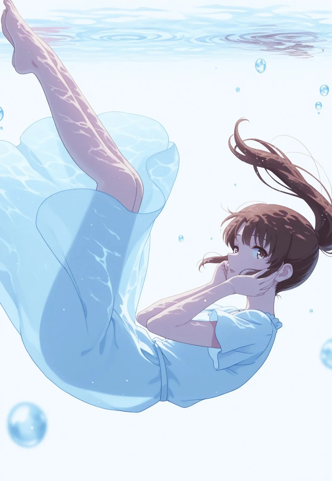1girl,Megumi <lora:IL-KatoMegumi:0.8>,brown hair,katou megumi,brown eyes, long hair, ponytail, watercolor style, (soft blending:1.2), fluid colors, dreamy washes, delicate textures, organic shapes, atmospheric depth, bubble, limited color, water drop, blurry, air bubble, from 45 degrees , profile, blurry foreground, submerged, blue theme, simple background, sunlight, floating hair, light particles, looking at viewer , white dress, underwater, hand on cheek, open mouth, white background, short sleeves, caustics, dress, shade, solo, see-through silhouette, floating clothes, legs together, depth of field, feet up, bubbles, highres, upside down