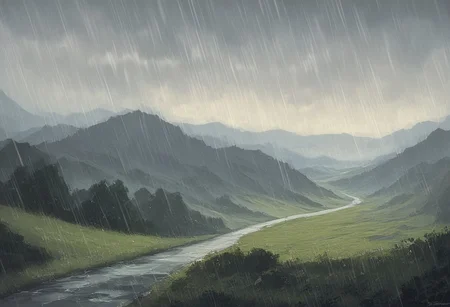 score_9, score_8, score_7, (masterpiece), best quality, expressive eyes, perfect face, landscape, scenery, (rain, stormy)