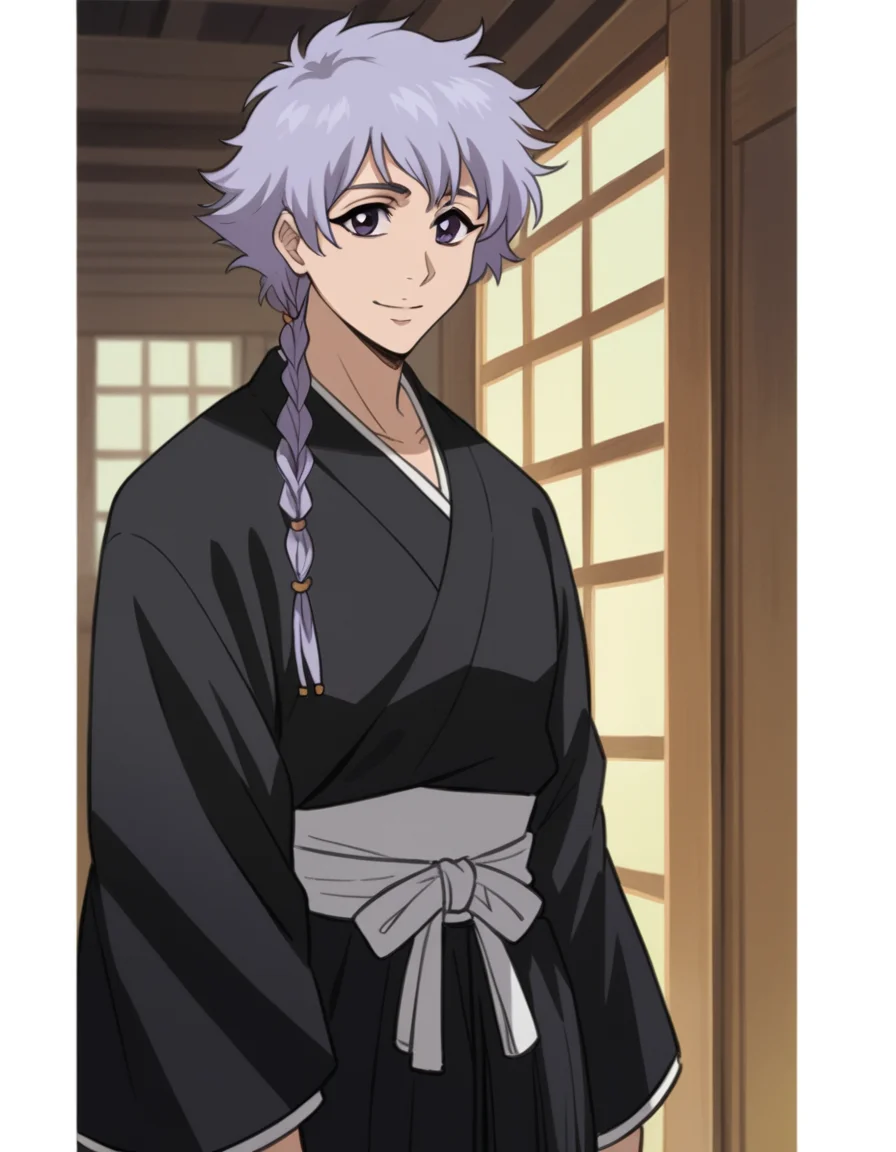 score_9, score_8_up, score_7_up, source_anime, <lora:isane-kotetsu-anime-ponyxl-lora-nochekaiser:1>, isane kotetsu, short hair, braid, purple hair, purple eyes, hair braid,, long sleeves, japanese clothes, kimono, haori, black kimono, hakama, black hakama,, museum, art exhibit, paintings, observing, quiet contemplation, cultural experience, smile, looking at viewer, hand touching face, foot pointed, elbow up, solo,, cowboy shot, dutch angle