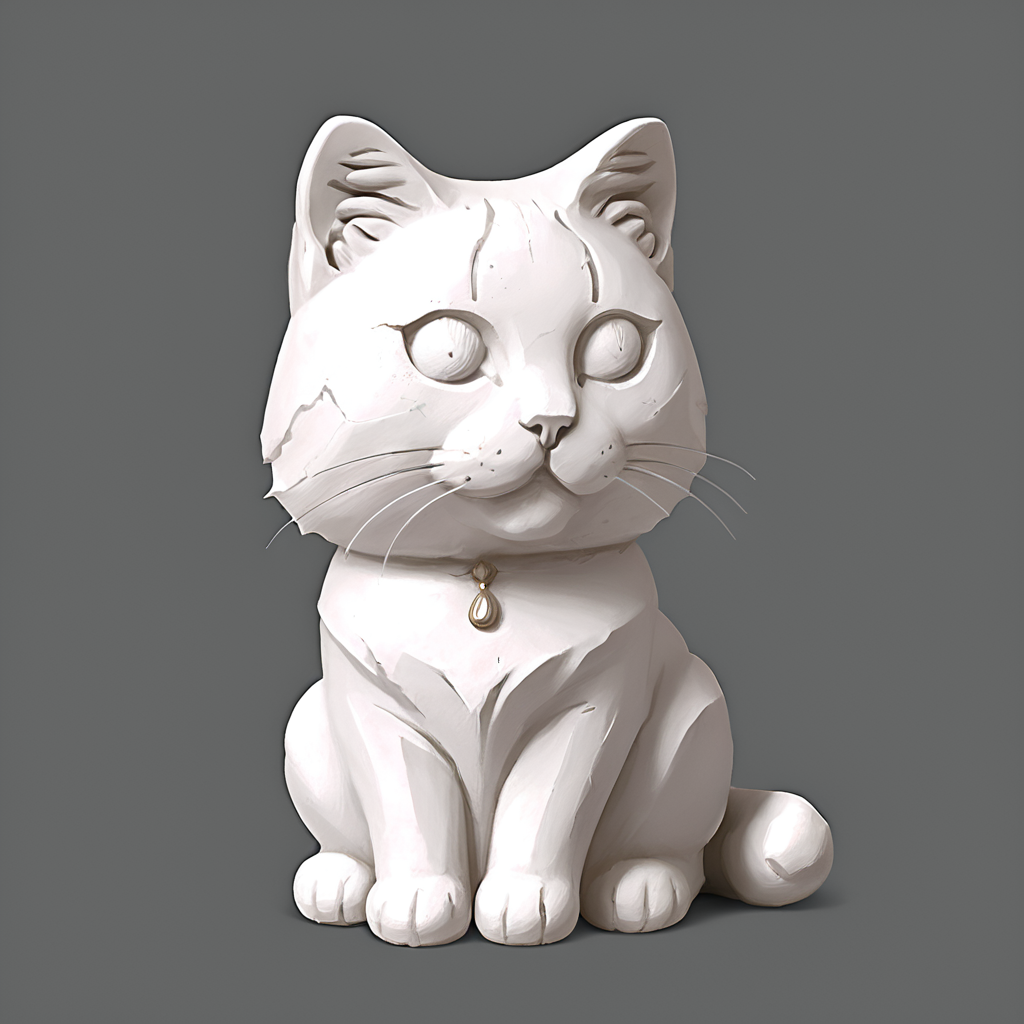 grey background, 1cat, realistic, statue, animal, made of gypsum, white gypsum, solo, simple background, no humans, <lora:materials_and_textures_sphere_orb_SDXL:1>