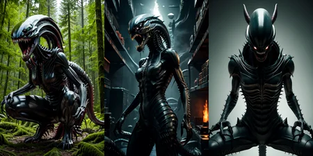 (otherworldly), highly insanely detailed, masterpiece, top quality, best quality, highres, 4k, 8k, RAW photo, (very aesthetic, beautiful and aesthetic), 
__lazy-wildcards/cosplay-char/alien-predator/xenomorph/prompts__, 
<lora:FemXeno:0.6>, 
(1girl:1.3), eyes focus, 
__lazy-wildcards/dataset/background__,âââ