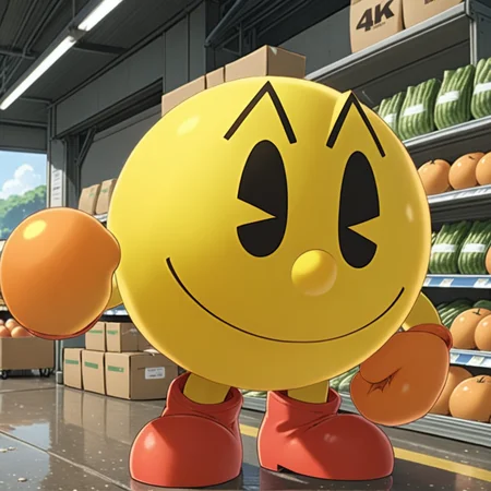 yellow orb pacmanxl, at grocery store  <lora:PacmanXL:.69>, (anime, masterpiece, intricate:1.3), (best quality, hires textures, high detail:1.2), (4k),(incredibly detailed:1.4),UHD, 8K, ultra detailed