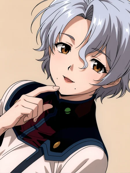 masterpiece,best quality,newest,
1girl,solo,anime screencap,
<lora:Sally_Saint_Ford_ilxl_v1.1:1>,s_s_f,grey hair,brown eyes,mole under mouth,s_clothes,pencil_skirt,
<lora:Fixhands_anime_bdsqlsz_V1:1>,white_background,simple_background,looking_at_viewer,open mouth,smile,finger to own chin,upper_body,portrait,