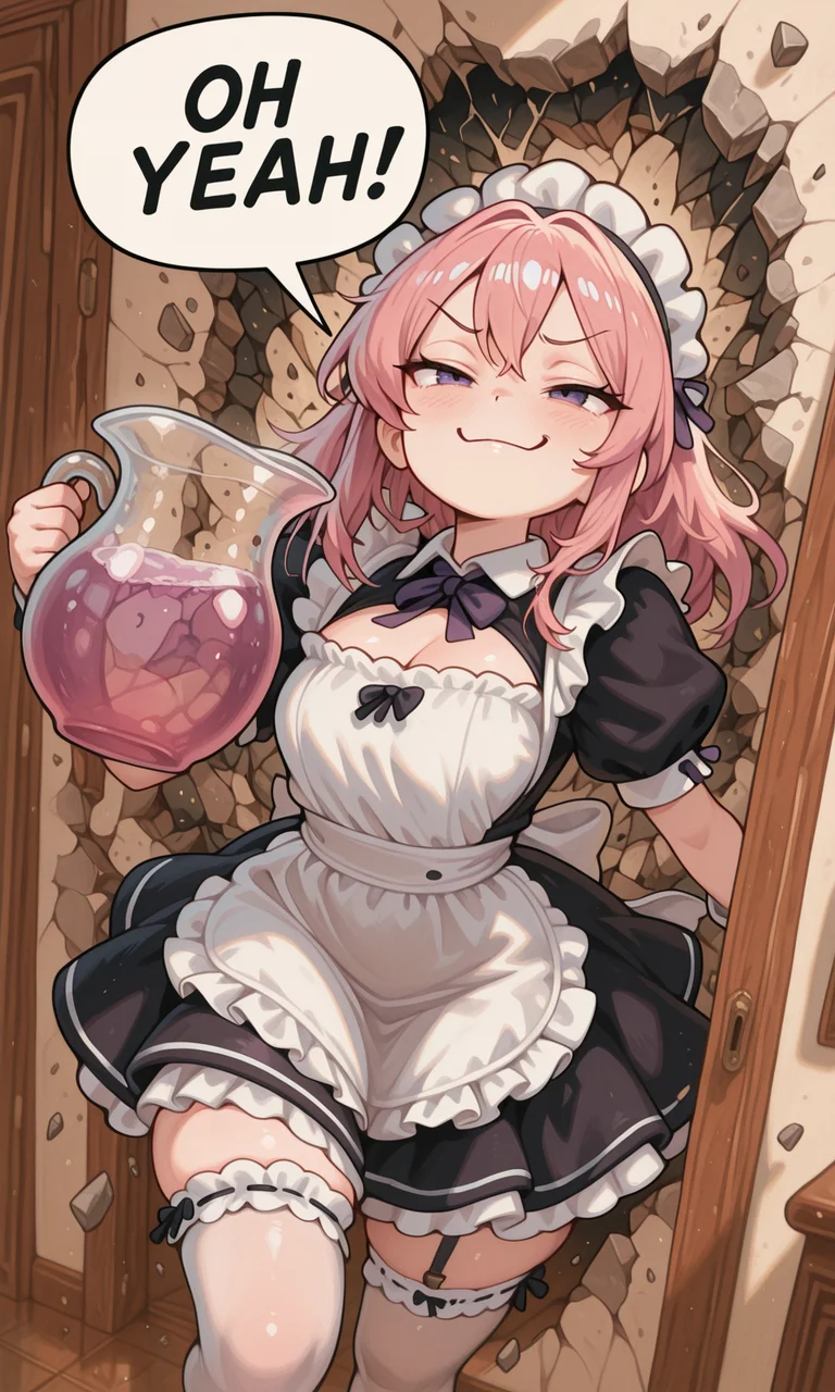 embedding:IllusP0s, OH YEAH!, breaking through wall, holding pitcher, speech bubble, debris, 1girl, pink hair, purple eyes, maid outfit, smug,<lora:OH YEAH_Illustrious.safetensors:1.0:1.0> <lora:CivChan.safetensors:0.8:0.8>