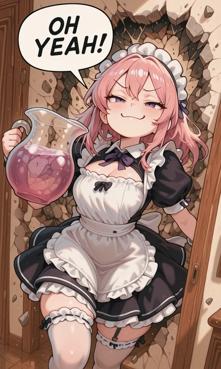 embedding:IllusP0s, OH YEAH!, breaking through wall, holding pitcher, speech bubble, debris, 1girl, pink hair, purple eyes, maid outfit, smug,<lora:OH YEAH_Illustrious.safetensors:1.0:1.0> <lora:CivChan.safetensors:0.8:0.8>