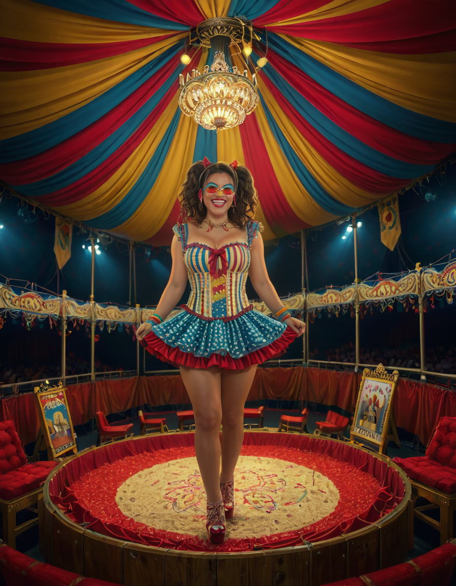 focus on woman face,rating_safe,A vibrant and colorful scene inside a grand circus tent,grand c1rcus, featuring a woman dressed as a whimsical clown. She is wearing an elaborate costume with a mix of bold patternsâred and white stripes, polka dots, and bright yellow accents. Her hair is styled in playful, oversized curls, dyed in shades of blue and pink. She is standing center stage, under a spotlight that casts a warm glow, making her sequined outfit sparkle. Her pose is dynamic and engaging, as if she is about to perform a trick or joke, with a wide, inviting smile. The background showcases the lively atmosphere of the circus, with colorful banners, a large audience in shadowy rows, and hints of other performers or props like juggling pins or unicycles. The overall lighting is bright and cheerful, emphasizing the magical, festive mood of the circus.<lora:SDXLFaeTastic2400:0.4> <lora:extremely_detailed:0.4> extremely detailed, <lora:grand_c1rcus:1>, Masterpiece,best quality,hi res,8k,hi res,8k,award winning,(sharp focus, intricate, highly detailed),