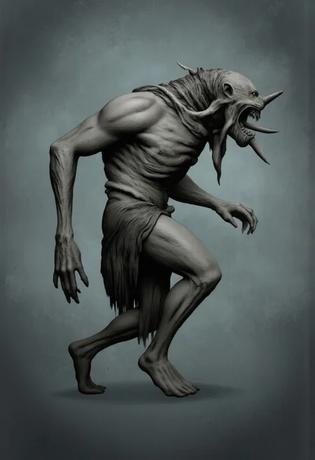 aidmaMJ6.1, Made out of paper, a PaperStyle , d4artstyle, d4concept, , d00mstyle, made of clay, ZBClay model of a gray sculpture
A grotesque and nightmarish creature with a distorted, elongated body. Its form is gaunt, with sinewy muscles and patches of ragged fur hanging from its emaciated frame. The creature's head is a disturbing mix of beast and primate, featuring a gaping maw filled with sharp, jagged teeth and a pair of large, curved tusks protruding from its lower jaw. Its hollow, piercing eyes emit a sense of malevolence, while matted, black fur drapes from its neck like a twisted mane. The creature's elongated neck curves unnaturally, giving it a serpentine appearance, and the back is hunched with prominent ridges along the spine. The legs are spindly and appear unstable, adding to its unsettling appearance. Its design evokes a blend of demonic horror and predatory menace, with an emphasis on grotesque and eerie details.
Background solid color with a faded dimly lit, fog-covered darkness tone that emphasizes its silhouette.
The medium is not a traditional painting or illustrative medium like watercolor or ink but rather a digital rendering, eerie and unsettling.