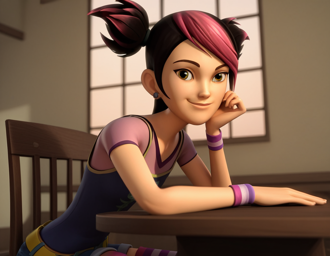 score_9, score_8_up, score_7_up, source_anime, <lora:miko-nakadai-cartoon-ponyxl-lora-nochekaiser:1>, miko nakadai, short hair, black hair, pink hair, multicolored hair, two-tone hair, twintails, streaked hair, 3d,, jewelry, earrings, wristband, camisole, shirt, short sleeves, striped, striped kneehighs, belt, shorts, denim,, indoors, smile, looking at viewer, solo, sitting, head rest, table,, cowboy shot, dutch angle