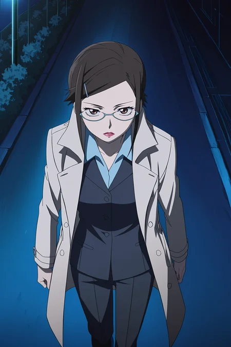 anime screencap, anime coloring, detailed face, masterpiece, best quality, very aesthetic, absurdres, volumetric lighting, official style, amazing quality, ultra detailed,  highres, amazing quality, scenery, beautiful detailed hair, beautiful detailed eyes, defined fingers, five fingers,
<lora:StS-Illustrious-Detail-Slider-v1.0:4>
 <lora:Misaki_Kirihara_Darker_Than_Black:1>
outside, night,
Misaki coat jacket (outfit), Misaki Kirihara (character), 1girl, solo, glasses, brown hair, lipstick, formal, suit, hairclip, walking, brown eyes, hair ornament, short hair, from above, coat, looking at viewer, pant suit, :/