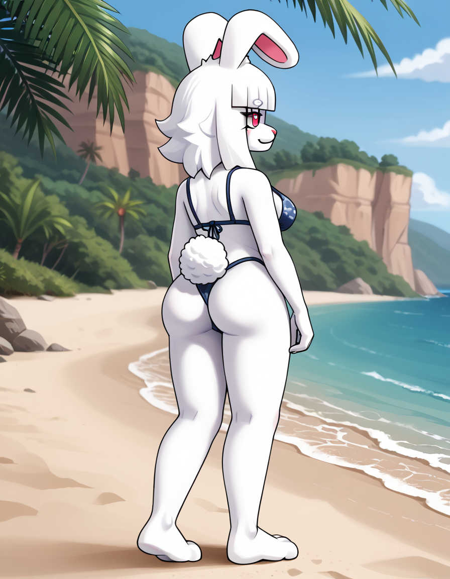 outdoors,beach,
full body,smile,long eyelashes,
swimsuit,bra, thong bikini, pose, from behind, 
<lora:Lornalla_v01_PDXL:1>,Lornalla,1girl,solo,furry female,rabbit girl,rabbit ears,rabbit tail,white hair,blunt bangs,pink eyes,
