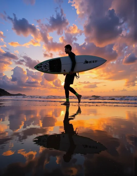 wavefun. Photograph of a person on a beach at sunset, with their reflection on the wet part of the beach. the photograph is taken from a low angle, capturing the intricate details of the person's silhouette and the vibrant colors of the sunset reflecting on the water surface. in the middle of the image, a person walking and holding a surfboard under his arm with the word âREEFâ written on it. the person wears a diving suit and a green rope tied around their ankles, adding a sense of movement and energy to the scene. the sky is a mix of vibrant oranges, pinks and purples, creating a beautiful contrast to the blue and purple hues of the sky. the water is calm and still, reflecting the person and the surfboard, making the image even more captivating. the overall effect is one of serenity and tranquility, the reflection of the two characters creating a stunning visual effect. <lora:Wind_&_waves_:0.8>