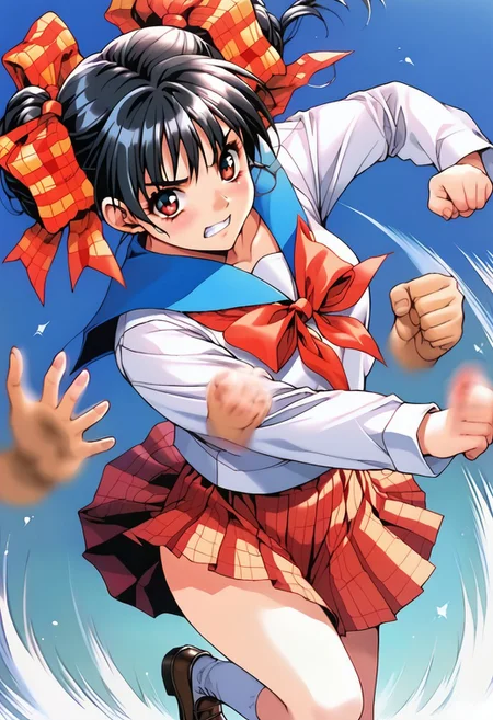 ASCII 1girl,<lora:pony_xl_narusawa:0.8>,narusawa,score_9,score_8_up,score_7_up,source_anime,black hair,
solo,
looking at viewer,school uniform,long sleeves,vest,pleated skirt,plaid skirt,socks,loafers,cowboy_shot,
serafuku,fighting_stance,
cute,
<lora:rushpunchXLpony002>,
rushpunch,punching,multiple hands,fists,clenched fists,(motion_blur:1.2),(motion line:1.1),speed_lines,