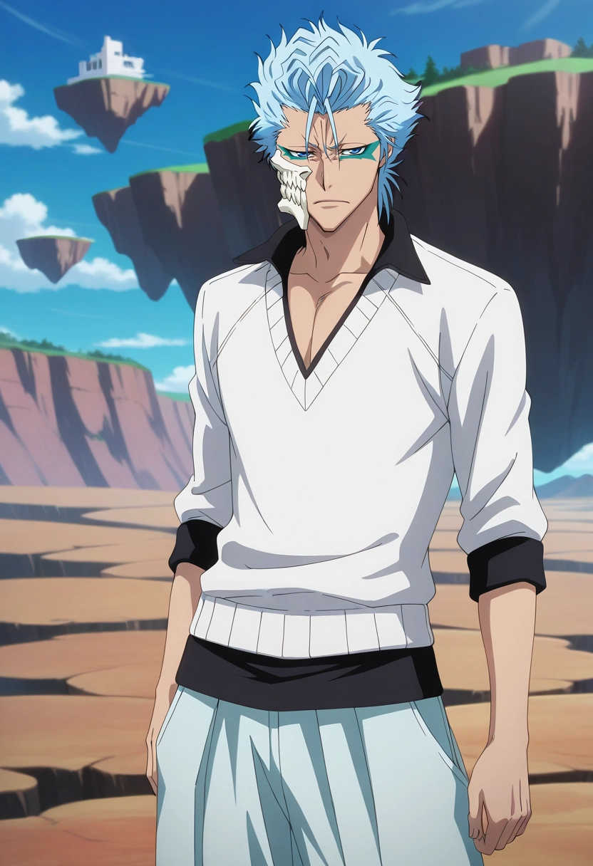 masterpiece, best quality, , anime screencap, , official style, , , 1boy, solo, male focus, <lora:grimmjow_jaegerjaquez_ilxl:0.92>, grimmjow_jaegerjaquez, blue hair, blue eyes, facial mark, arrancar, mask, short hair, cowboy shot, floating island, day, arm at side, squinting, Twill Cargo pants with zip-off legs, V-neck sweater, , , Ear warmers