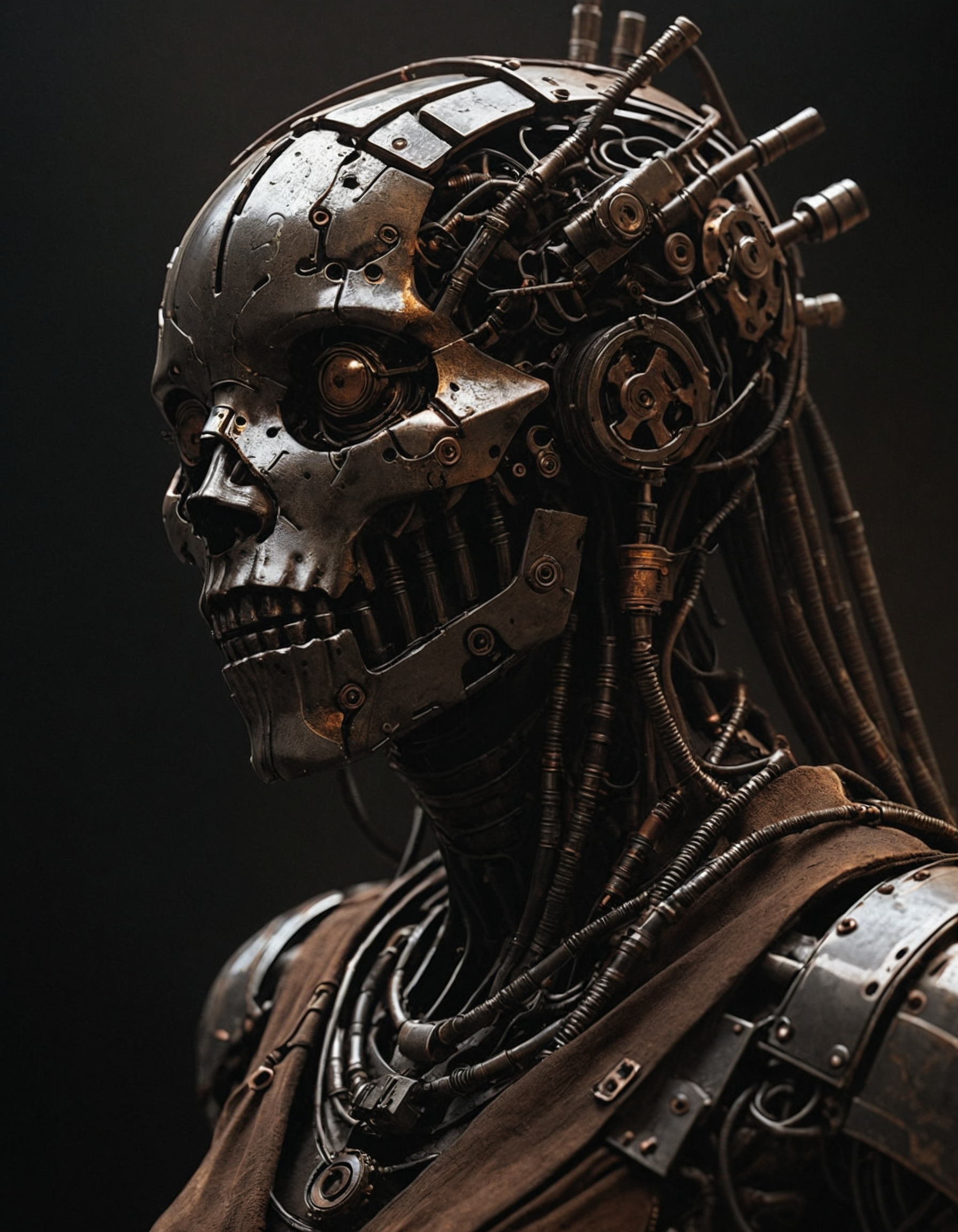 Ancient cyborg inspired by African ritual figures, iron and rust, dust, stripped texture, no face, chrome and copper wiring, mechanical parts, dark fantasy, black, high contrast, silhouette, Rembrandt lighting, striking image, harsh shadows <lora:add-detail-xl:1> <lora:Sinozick:1> <lora:RMSDXL_Enhance:1>