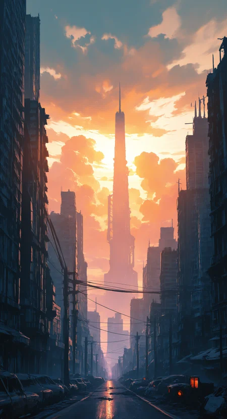 masterpiece, best quality, good quality, very awa, very aesthetic, absurdres, newest, outdoors, sky, cloud, no humans, cloudy sky, building, scenery, science fiction, sunset, city, sun, cable, road, cityscape, ruins, power lines, street, utility pole, skyscraper, tower, orange sky, orange theme, skyline, yellow sky, vanishing point, post-apocalypse <lora:ponyv6_noobV1_2_adamW-000017:0.7> <lora:USNR_STYLE_XL_lokr:0.45> <lora:EtherSDXL:0.15>