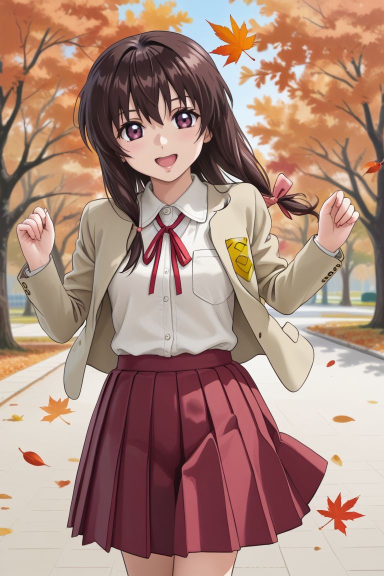 source anime, detailed, official art, masterpiece,
<lora:HandFineTuning_XL:1>
BREAK,
park, autumn, falling leaves,
from behind, running, open smile, looking behind,
BREAK,
<lora:mayu_pdxl_v01:0.8> 
gsdmayu, brown hair, long hair, brown eyes, sidelocks, tied sidelocks, low tied hair, hair ribbon, ribbon tie, blazer, white shirt, open clothes, red skirt, pleated skirt