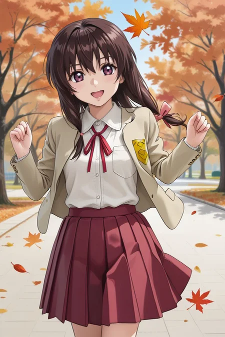 source anime, detailed, official art, masterpiece,
<lora:HandFineTuning_XL:1>
BREAK,
park, autumn, falling leaves,
from behind, running, open smile, looking behind,
BREAK,
<lora:mayu_pdxl_v01:0.8>
gsdmayu, brown hair, long hair, brown eyes, sidelocks, tied sidelocks, low tied hair, hair ribbon, ribbon tie, blazer, white shirt, open clothes, red skirt, pleated skirt