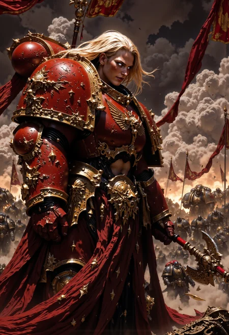 detailed renaissance oil painting, masterpiece, FredFraiStyle, a BloodA40K angel warrior in a battlefield setting. The composition is vertical, focusing on the subject who stands in profile. The BloodA40K angel has long, flowing blonde hair. His skin is fair, and he wears intricately designed red power armor with large wings, featuring detailed patterns. he holds a large, ornate spear with a red and silver tip. The background is a burning battlefield with flags, creating a mystical and adventurous atmosphere, directional lighting, masterpiece, perfect composition, perfect hands, cowboy shot, <lora:FluxBloodA40K:0.8> <lora:FluxMythP0rtr4itStyle:0.6> mythp0rt, <lora:dark_fantasy_flux:1> <lora:FredFraiStyle-FLUX-Share:1>