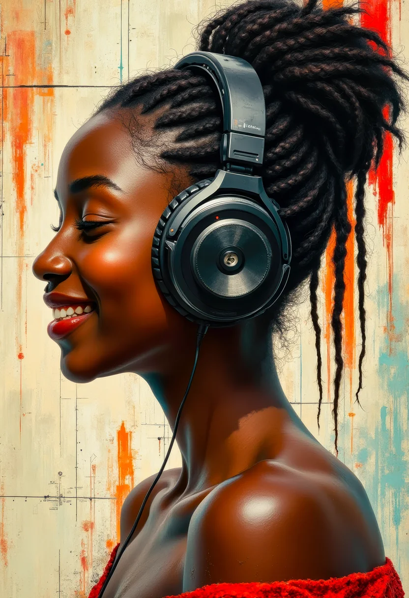 A bare shoulder portrait of an African teenage girl with ebony black skin. She is in profile, has the side of her head in corn rows, and the hair on the back of her head done up in a bun. She is wearing large high-tech headphones ans smiling as she litens to the music. The abstract background is a combination of a technical readout diagram and broad swatches of beige, orange, red, and cyan vertical brush stokes. Cyan skin highlights, The painting is done in the style of Art Frahm. <flux_realism_lora:1.00> <FluxDFaeTasticDetails:0.32> <BaroqueColorful:0.16>