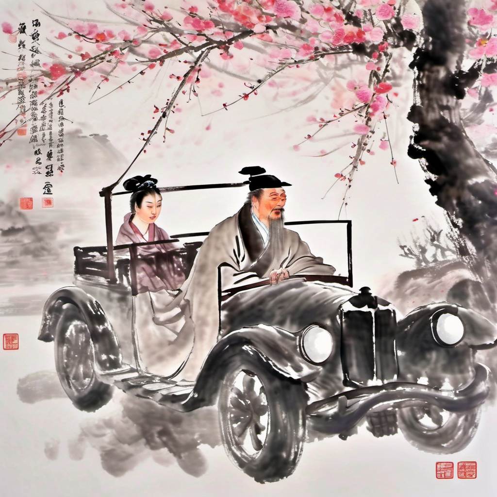 ink-painting,1man,Under the cherry blossom trees in spring,Li Bai,an ancient Chinese poet,drives an open-top car which is filled with beautiful Tang Dynasty women.,<lora:Ath_ink-paintingXL:1>,