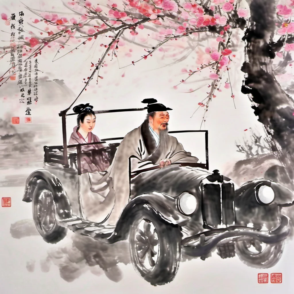 ink-painting,1man,Under the cherry blossom trees in spring,Li Bai,an ancient Chinese poet,drives an open-top car which is filled with beautiful Tang Dynasty women.,<lora:Ath_ink-paintingXL:1>,