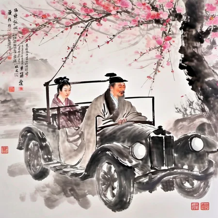 ink-painting,1man,Under the cherry blossom trees in spring,Li Bai,an ancient Chinese poet,drives an open-top car which is filled with beautiful Tang Dynasty women.,<lora:Ath_ink-paintingXL:1>,