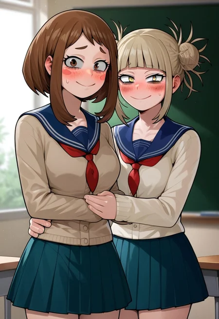 score_9, score_8_up, score_7_up,
BREAK
very detailed, highly detailed texture, (highly detailed face, (perfect face, perfect eyes)), detailed image, high resolution, perfect hands
BREAK
(Looking at viewer), 2girls, (lesbian), (yuri), (ochako uraraka from my hero academia), (toga himiko), outfit, black skirt, standing, (shy:1:1), light smile, (blush:1.2), (classroom setting)
