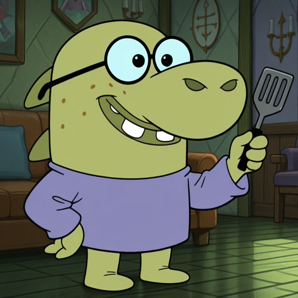 masterpiece, best quality, amazing quality official style, richard, male, furry male, anthro, solo, green skin, black eyes, buck teeth, freckles, big nose, spikes on back, short, purple shirt, glasses, standing, happy, holding spatula, indoors, living room