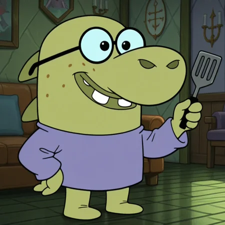 masterpiece, best quality, amazing quality official style, richard, male, furry male, anthro, solo, green skin, black eyes, buck teeth, freckles, big nose, spikes on back, short, purple shirt, glasses, standing, happy, holding spatula, indoors, living room