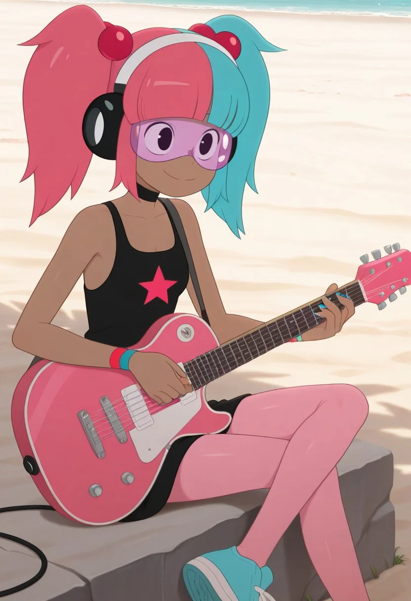 masterpiece, best quality, amazing quality, very aesthetic, absurdres, score_9, score_8_up, score_7_up, score_6_up, best_quality, detailed, beautiful body, perfect hands, hands, Perfect, detailed eyes, cowboy shot, 1girl, Debbie_Droners, two-tone hair, pink hair, aqua hiar, pink and aqua split hair, twintails, red hair bobbles, hair ornament, bangs, blunt bangs, dark skin, dark-skinned female, black eyes, purple round glasses, black choker, large black headphones on head, black sleeveless dress, star (symbol), rainbow wristbands, pink tights, blue sneakers, small breasts, outdoors, on beach, sitting, legs crossed, playing pink guitar, smile, side view