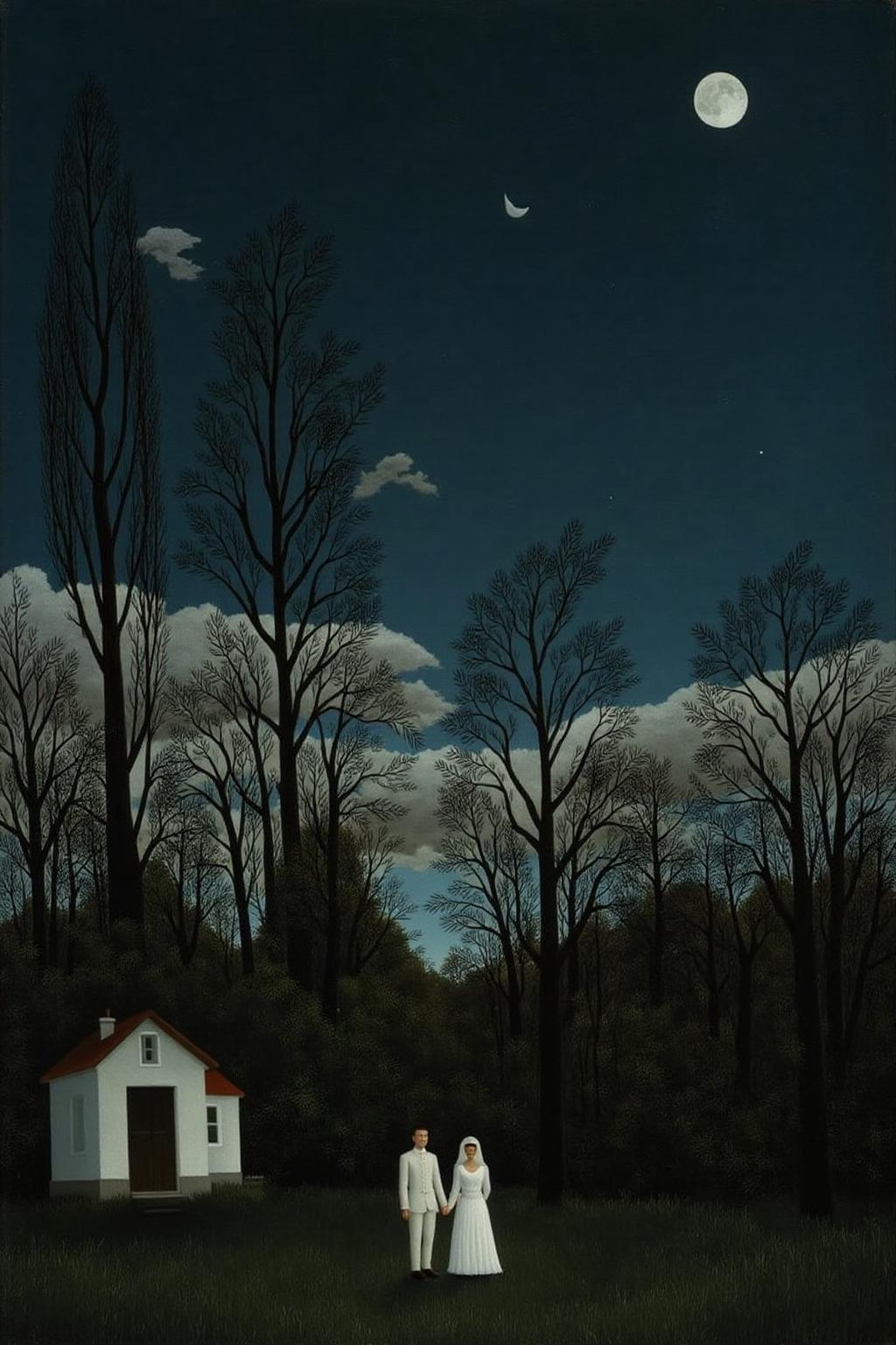 henrirousseau2 painting.
The scene depicts a moonlit night in a forest. The background features a deep, dark blue sky with a few wispy clouds and a bright, full moon. Tall, leafless trees dominate the foreground, their branches stretching upward in intricate patterns. There is a house on the left. A couple dress in white are standing in the middle. <lora:henrirousseau2_cap_d6a3:1.0><lora:834015823770377514:0>