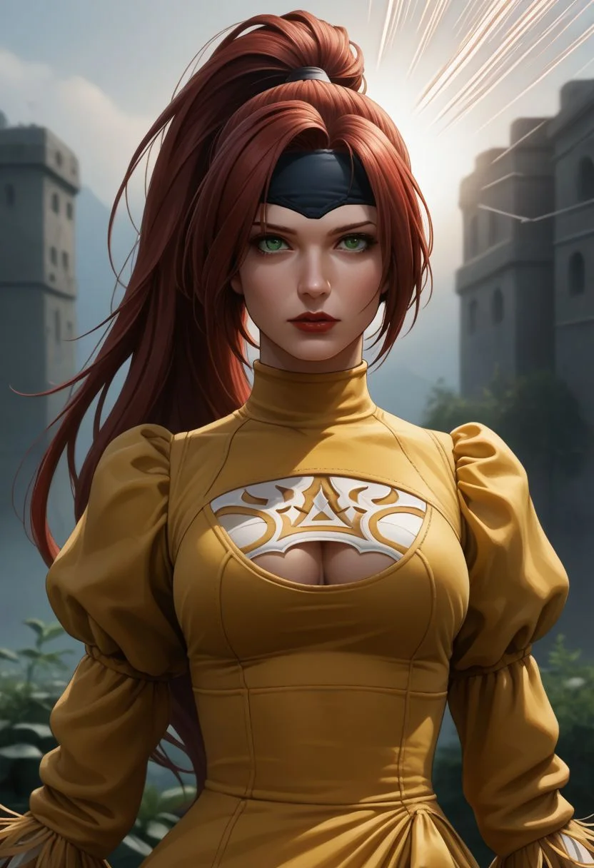 end_jngr3y, 1girl, solo, long hair, looking at viewer, green eyes, upper body, red hair, lips, dress , red nails, emphasis lines, red lips, outdoors, juliet sleeves, clothing cutout, gloves, cleavage cutout, covered eyes, long sleeves, feather-trimmed sleeves, puffy sleeves, yellow dress, blue pauldrons, headband,long hair, high ponytail, upper body BREAK PonyXLV6_Scores