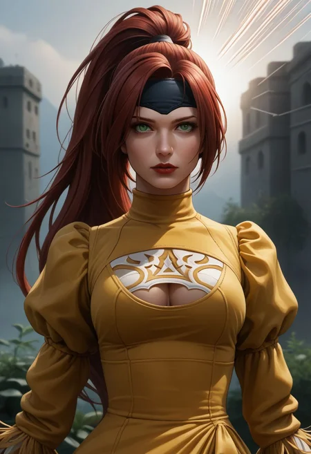 end_jngr3y, 1girl, solo, long hair, looking at viewer, green eyes, upper body, red hair, lips, dress , red nails, emphasis lines, red lips, outdoors, juliet sleeves, clothing cutout, gloves, cleavage cutout, covered eyes, long sleeves, feather-trimmed sleeves, puffy sleeves, yellow dress, blue pauldrons, headband,long hair, high ponytail, upper body BREAK PonyXLV6_Scores