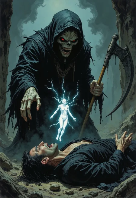 illustration, close-up, comics style, pingtu style
Poster, sketch, close-up, sketch, fine lines and shadows,  Illustration style.
A sinister soul harvester looms over its victim, an otherworldly and grotesque figure shrouded in tattered black robes that billow unnaturally in the air. Its gnarled, skeletal hand stretches out, claw-like fingers crackling with ethereal energy as it pulls a glowing, screaming soul from the writhing body of a man collapsing beneath it. The soul, a translucent and luminous figure, is wrenched free, its anguished expression frozen in time as it hovers mid-air, caught in the harvester's malevolent grasp. In the harvester's other hand, a massive scythe gleams darkly, its blade serrated and wickedly curved, dripping with an unnatural, shadowy substance. The background is cloaked in swirling mist, punctuated by dim, cold light that casts long, menacing shadows, amplifying the eerie and foreboding atmosphere of the grim scene.